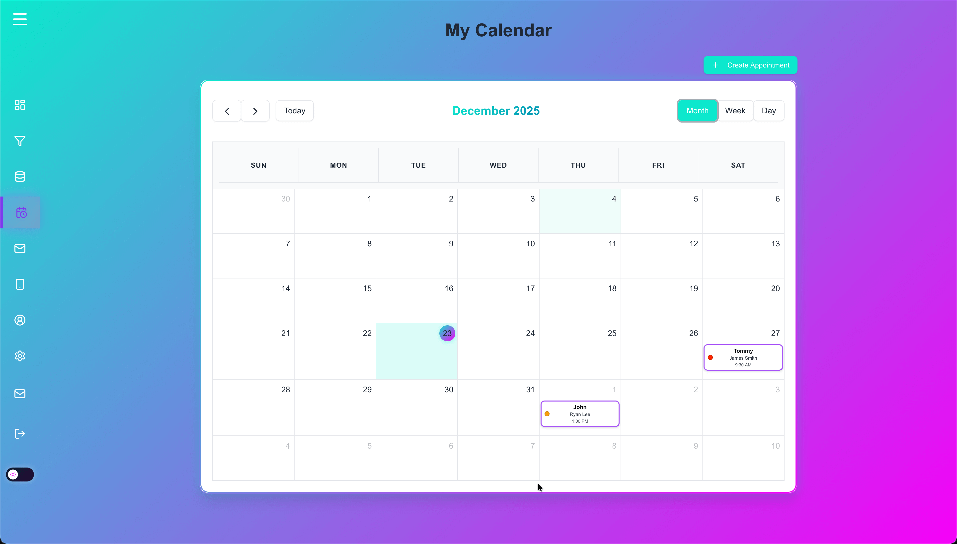 Color-coded calendar with appointments