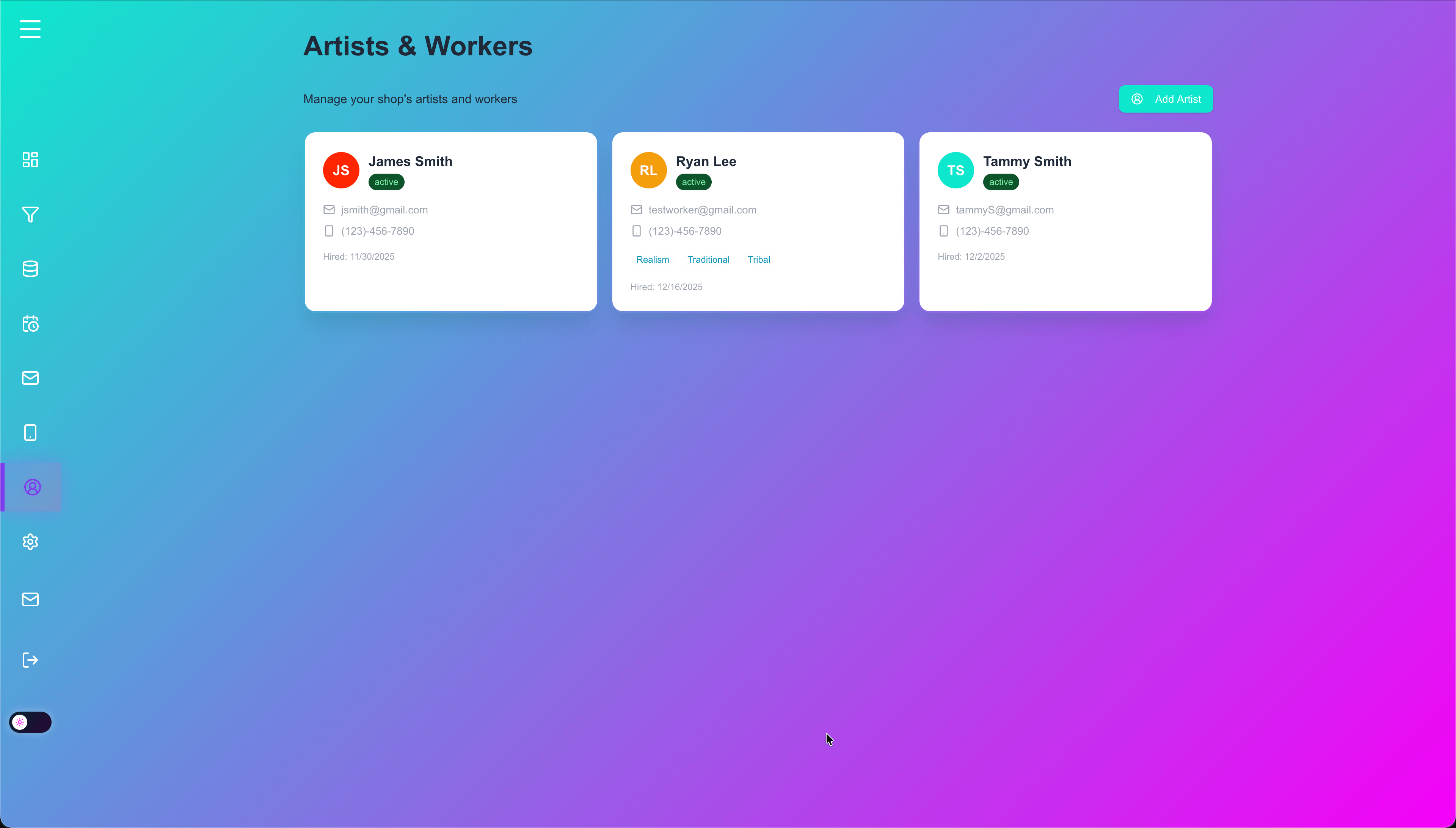 Artist management interface