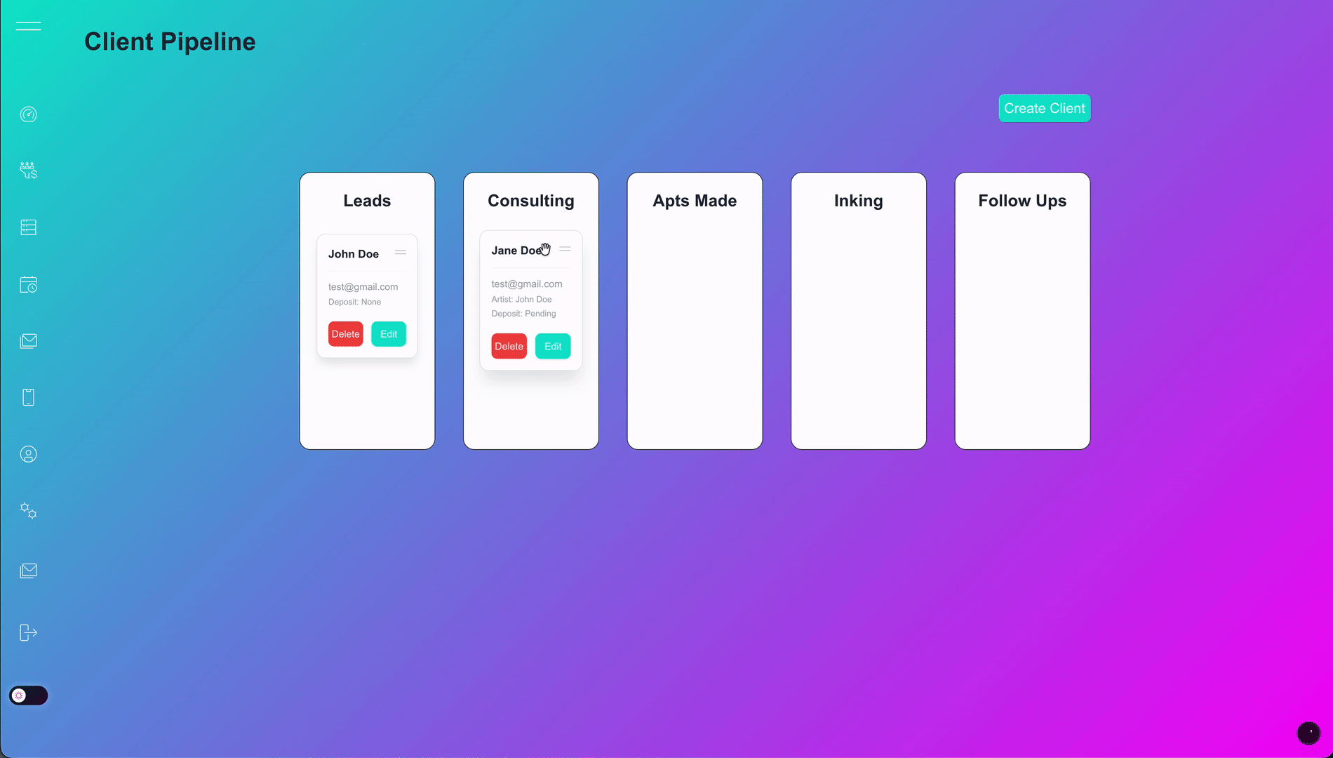 Pipeline view showing client stages with drag and drop